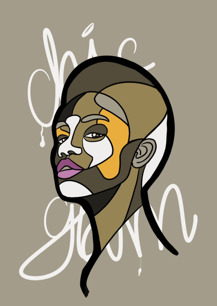 A modern, abstract illustration of a woman's profile with bold geometric shapes in yellow, brown, white, and black, set against a beige background with stylized text.